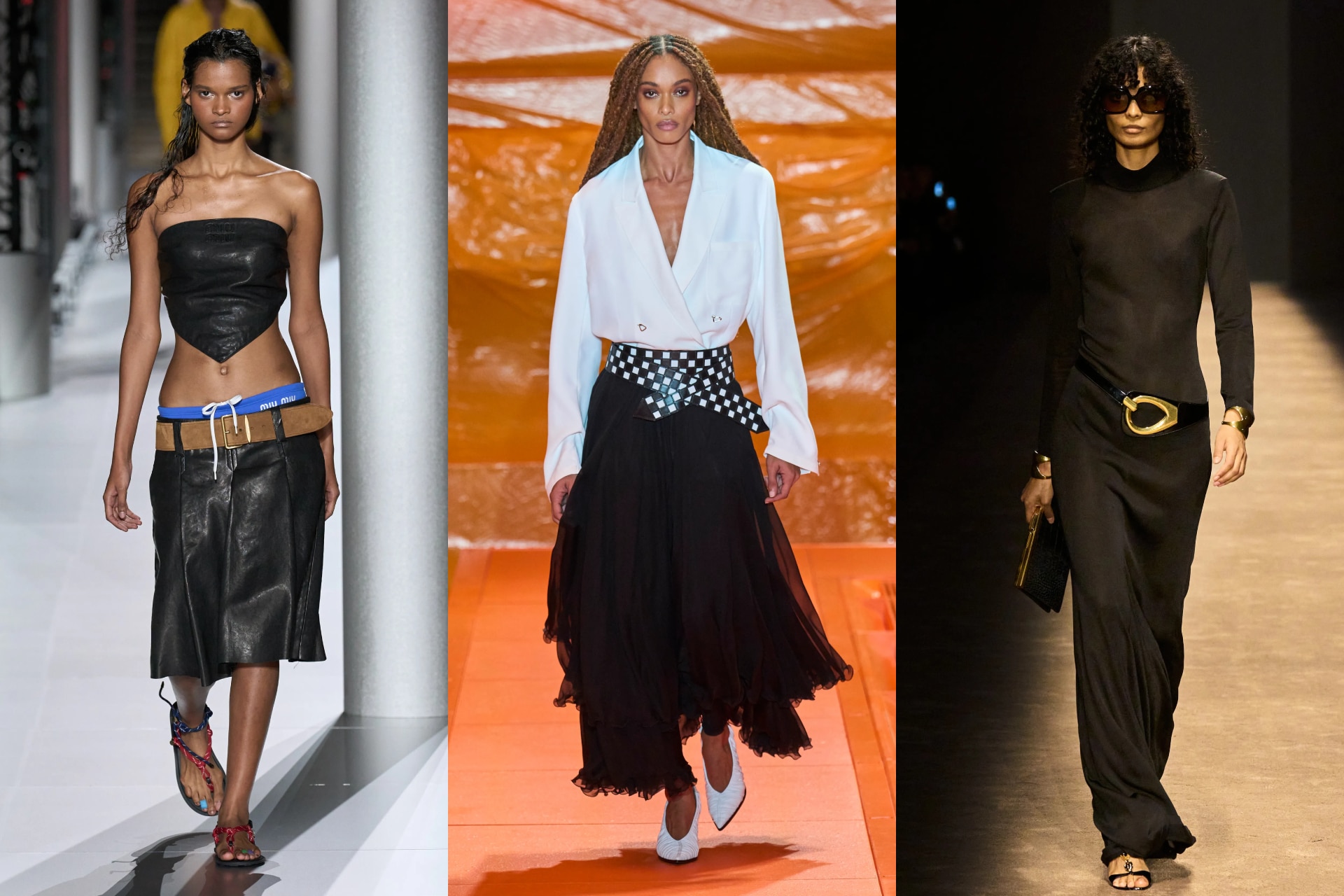 <p><i>Above (L-R): Miu Miu, Louis Vuitton, Tom Ford</i></p><h3><b>Buckle up</b></h3><p>The bigger, the better&mdash;that&rsquo;s the rule that applies to belts this season, which are increasingly wider and, ultimately, not functional. These aren&rsquo;t belts that work to hold up trousers, just accessories slung low and crossed to create an &rsquo;80s-inflected shape. This was the case at Tom Ford and Miu Miu and most prominently, Nicolas Ghesqui&egrave;re&rsquo;s Louis Vuitton, while they cinched the waist in more orthodox ways at Saint Laurent.</p>