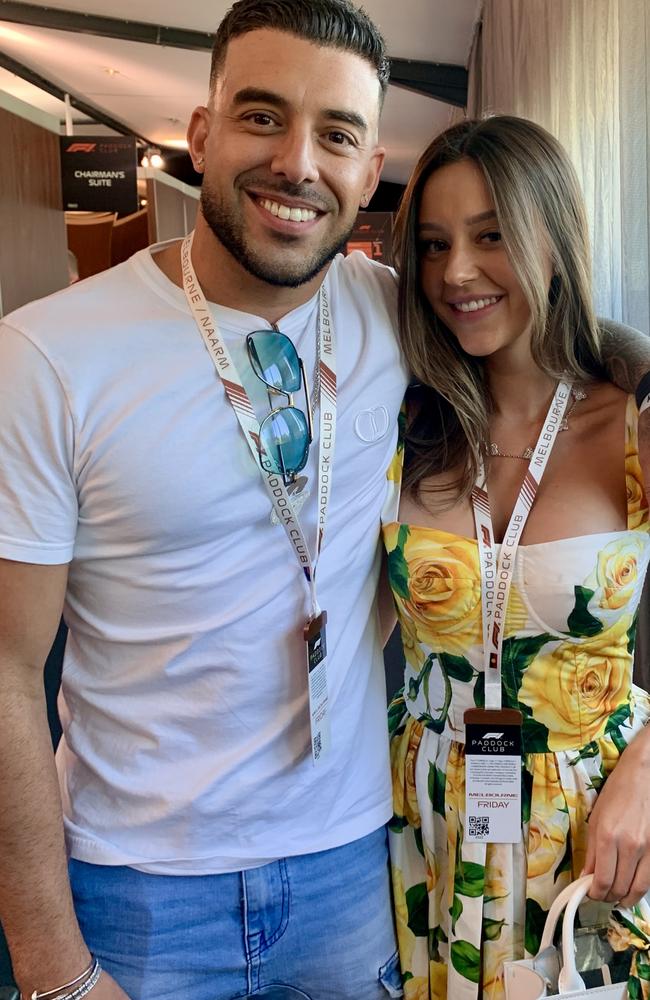 Adrian Portelli and his partner Karlie Butler at the 2024 Australian Grand Prix. Picture: Fiona Byrne/Supplied