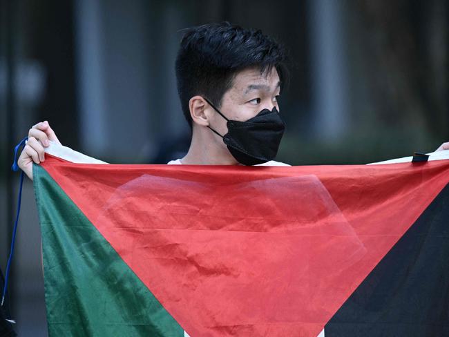 Pro-Palestinian activists demonstrate near the Watergate Hotel. Picture: AFP