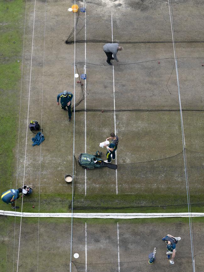 Australia's Marnus Labuschagne, centre, is seen with teammates during a net session. Picture: AP