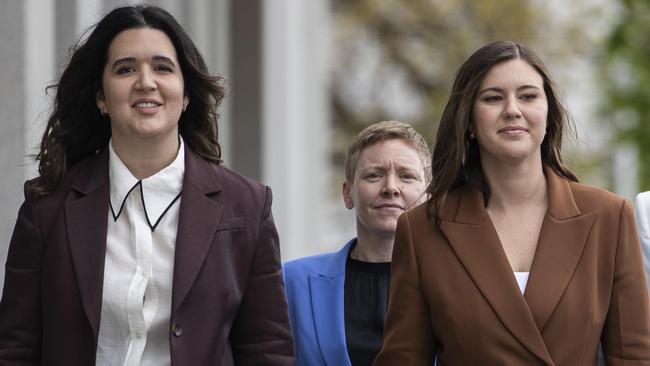 Ms Higgins’ friend Emma Webster (left) revealed the former Liberal staffer was in a Queensland hospital undergoing mental health treatment. Picture: NCA Newswire/ Gary Ramage