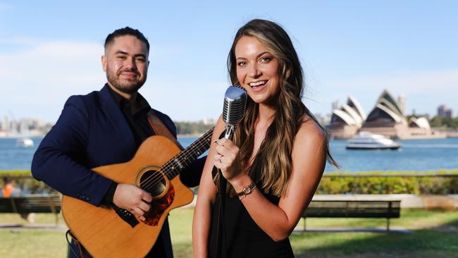 P&amp;O Cruise Entertainers Bryan Browne and Zoe Hannah May at Sydney Harbour. Picture: Rohan Kelly