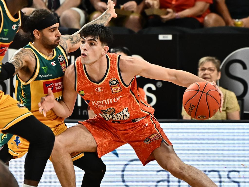 Taran Armstrong of the Taipans in action during the round 18 NBL match between Cairns Taipans and Tasmania Jackjumpers at Cairns Convention Centre, on February 01, 2024, in Cairns, Australia. (Photo by Emily Barker/Getty Images)