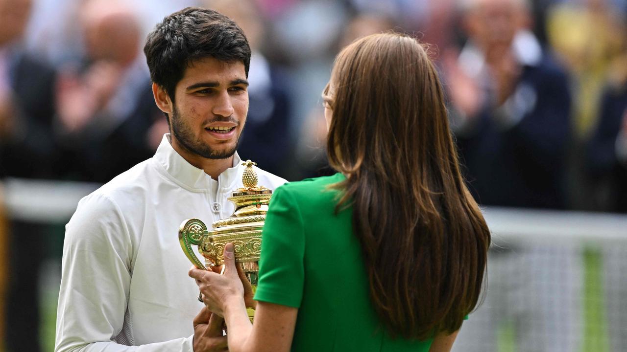 Catherine, Princess of Wales, presents the winner's trophy to Spain's Carlos Alcaraz after beating Serbia's Novak Djokovic during their men's singles final tennis match. Picture: AFP