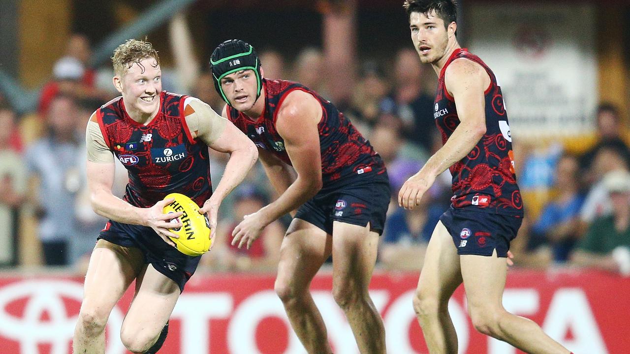 Clayton Oliver on the attack for Melbourne on Saturday night.