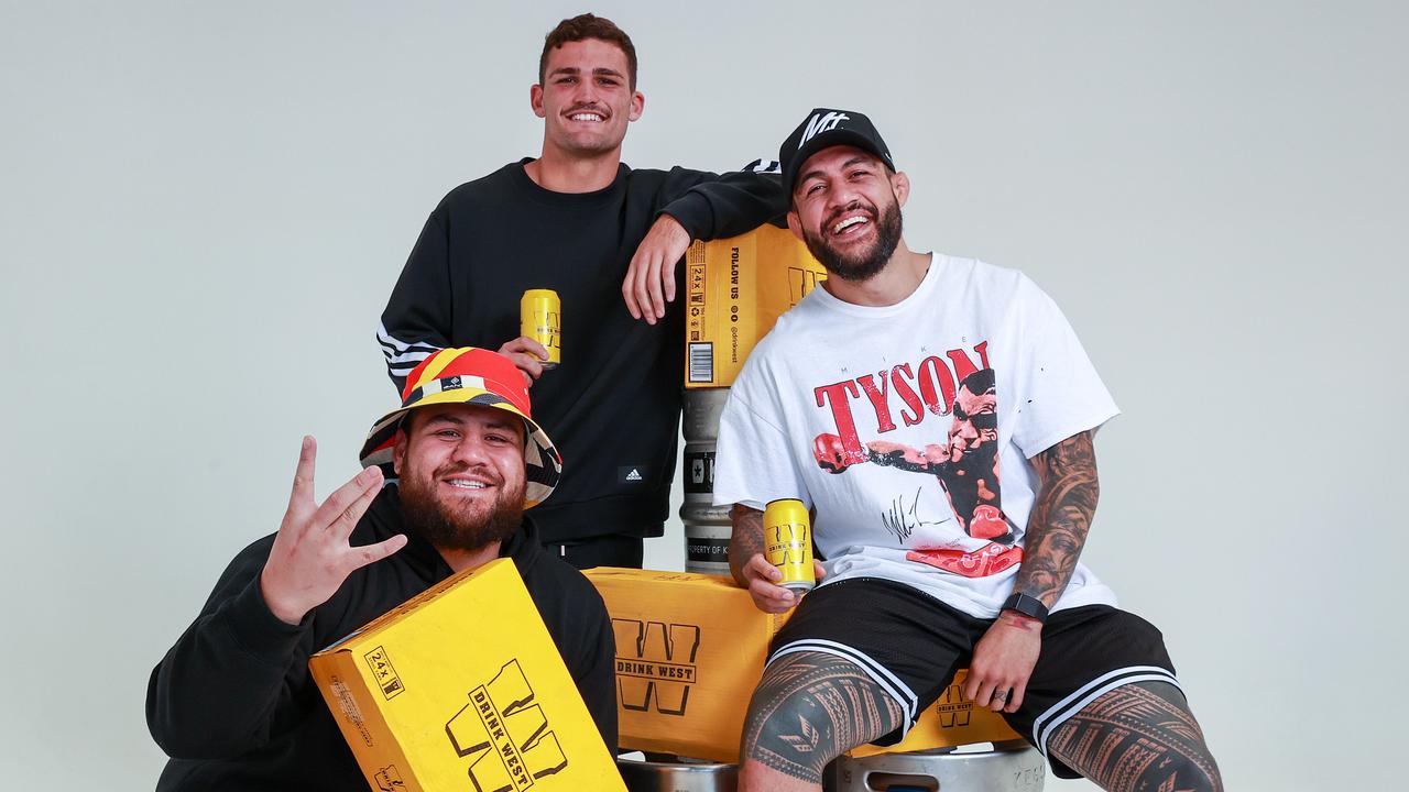 Drink West owners Nathan Cleary, Tai Tuivasa and Tyson Pedro. Picture: Justin Lloyd.