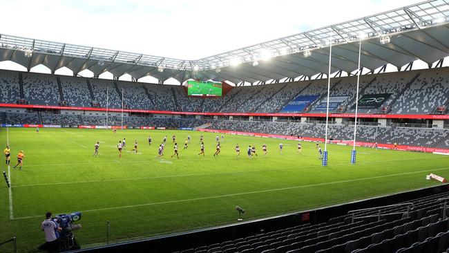 A near empty Stadium Australia in Sydney during the NRL match between the Canterbury Bulldogs and the Manly Sea Eagles on Saturday. Picture: Getty Images