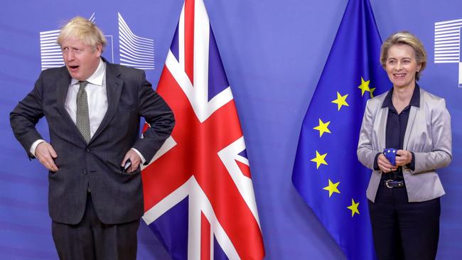 ‘Swagger teeters on the edge of fear.’ Britain's Prime Minister Boris Johnson and European Commission President Ursula von der Leyen remove their masks as they meet at the EU headquarters in Brussels on December 9. Picture: Pool/AFP