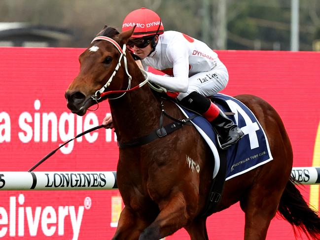 SYDNEY, AUSTRALIA - AUGUST 05: Zac Lloyd riding Hard To Say wins Race 2 Midway during "Missile Stakes Day" - Sydney Racing at Rosehill Gardens on August 05, 2023 in Sydney, Australia. (Photo by Jeremy Ng/Getty Images)