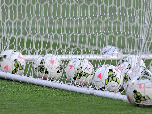 Generic photos of soccer balls in the nets during the warm-up session, during the Round 12 A-League match between Melbourne Victory and Newcastle Jets, at AAMI park in Melbourne, Saturday, Dec. 27, 2014. (AAP Image/Joe Castro) NO ARCHIVING