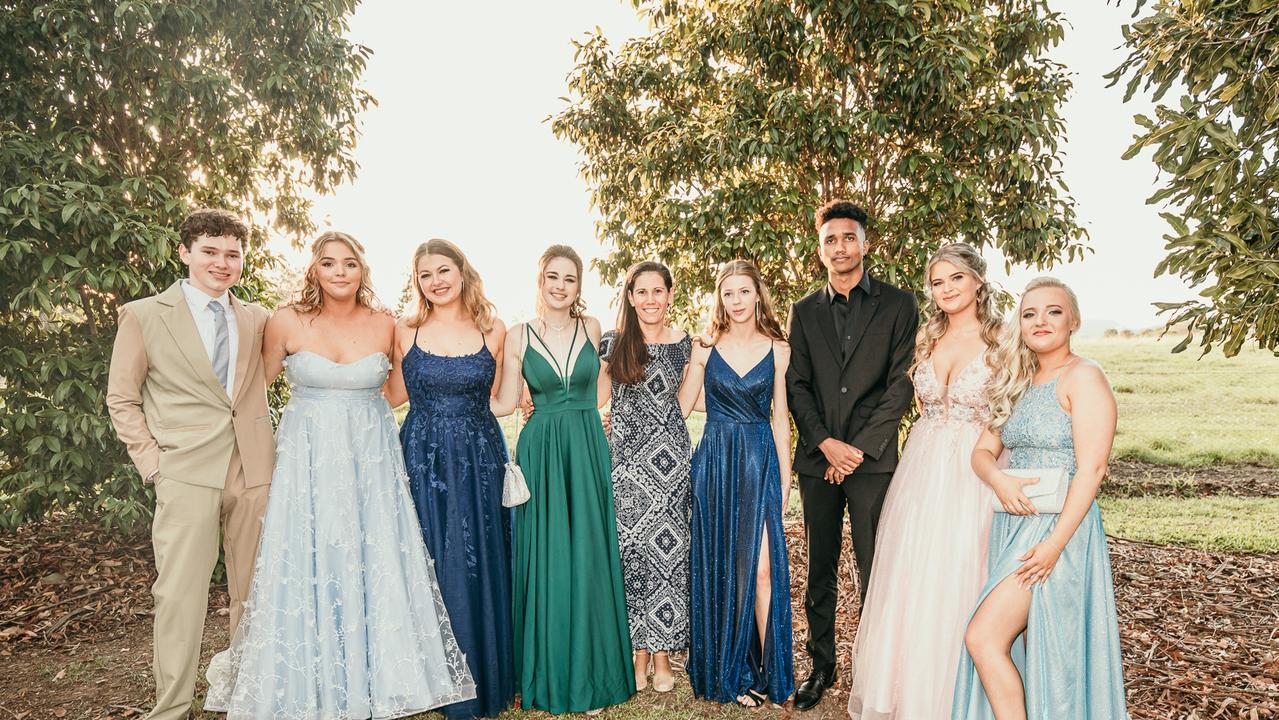 Glasshouse Christian College students William Manthey, Kiona Scott, Anaya White, Alex Cameron, Sonya Osberger, Kirra-Leigh Crouch, Jaff Kamara, Chelsea-Ann Johnson and Dakota Thomson with one of their favourite Drama teachers, Mrs Sonya Osberger (centre). Picture: Jordan Bull