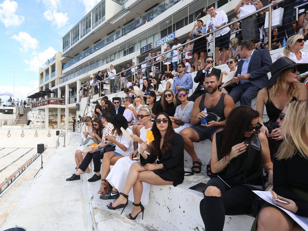 Patrons watch the Ten Pieces show at Mercedes-Benz Fashion Week Australia 2015 at Bondi Icebergs. Picture: Getty