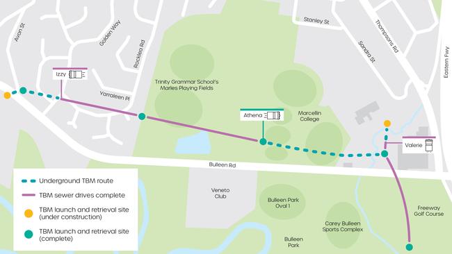 A progress map showing work on the 1.8km Yarra East Main Sewer tunnelling project. Image: Supplied