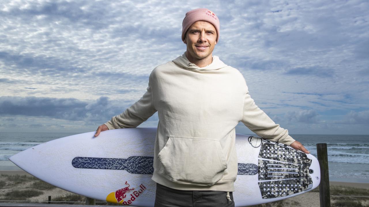 Pro surfer Julian Wilson back in his hometown in Coolum Beach before heading to join the Australian surf team in Japan for the Tokyo Olympics. Picture Lachie Millard