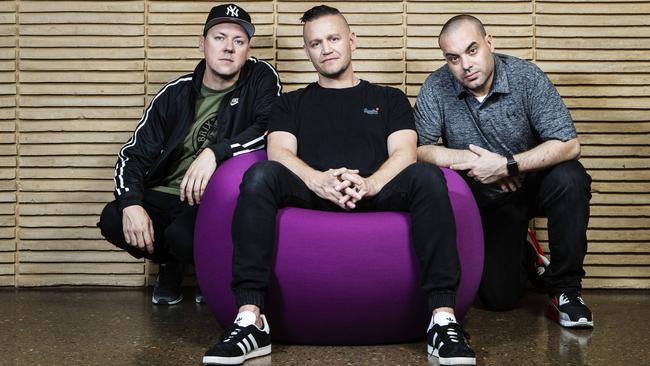 Adelaide hip-hop trio Hilltop Hoods Matt Lambert, left, Dan Smith and Baz Francis. Picture: Hollie Adams