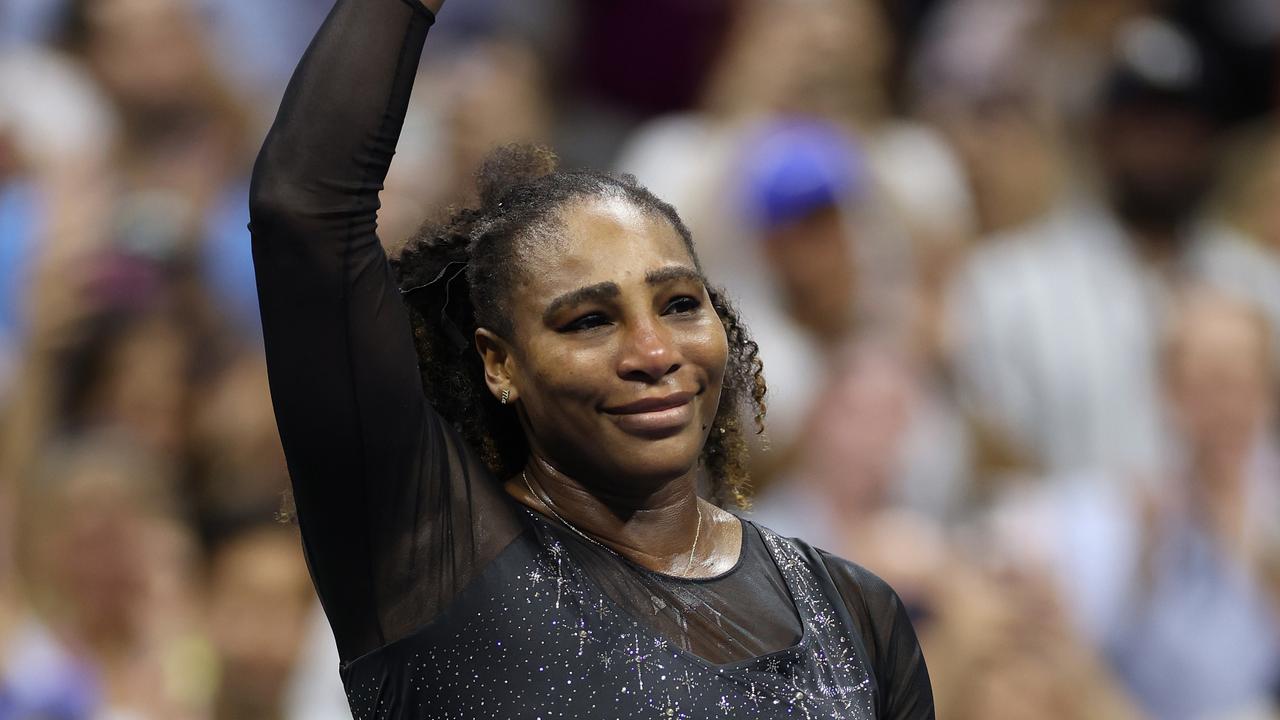 An emotional Serena Williams thanks her fans for the final time. Picture: Al Bello/Getty Images