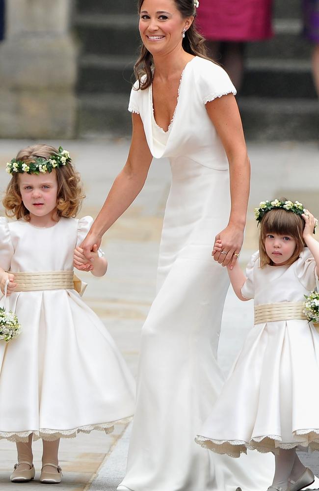 Pippa Middleton with Grace Van Cutsem and Eliza Lopes at Kate Middleton’s wedding in 2011. Picture: Pascal Le Segretain/Getty Images.
