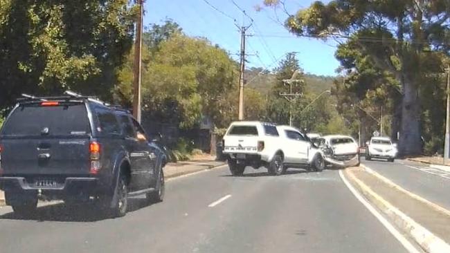 A ute driver has been reported for drink driving after a five-car crash on Belair Rd, at Lower Mitcham, on January 22, 2024. Picture: Dashcams Adelaide