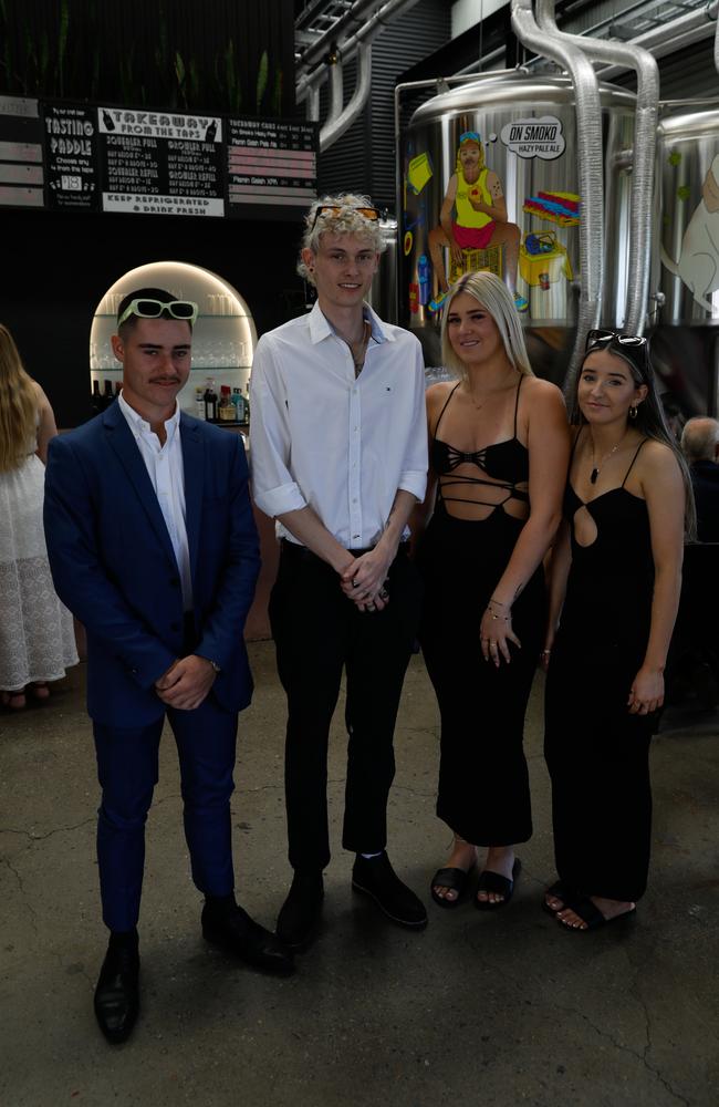 Mason Beresford, left, from Nowra, with Joey Hopcroft from Huskisson, Victoria Summerhill from Shellharbour, and Jayla Beresford from Huskisson at Flamin Galah Brewery in Huskisson for Melbourne Cup Day. Picture: Nathan Schmidt