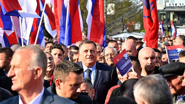 Pro-Russian Bosnian-Serb hard line leader Milorad Dodik gathers with supporters in the centre of the Northern-Bosnian town of Banja Luka on April 20, 2022. Picture: Elvis Barukcic / AFP