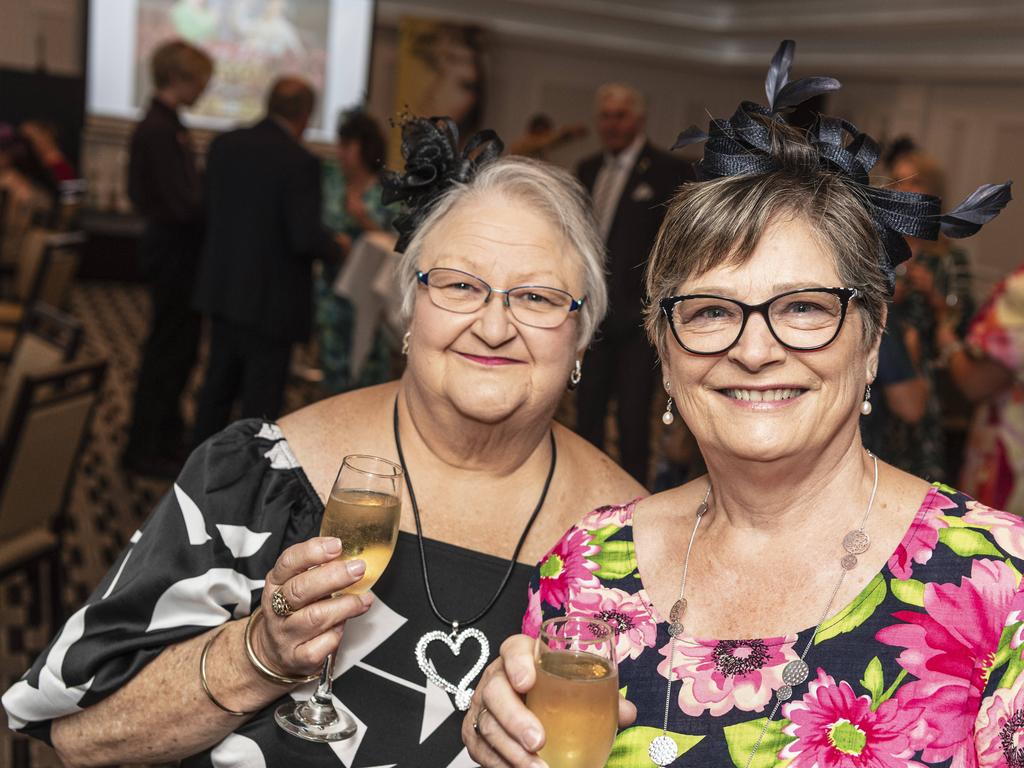 Wendy Fechner (left) and Karyn Fenwick at Hope Horizons Melbourne Cup charity lunch hosted by Rotary Club of Toowoomba City at Burke and Wills Hotel, Tuesday, November 5, 2024. Picture: Kevin Farmer