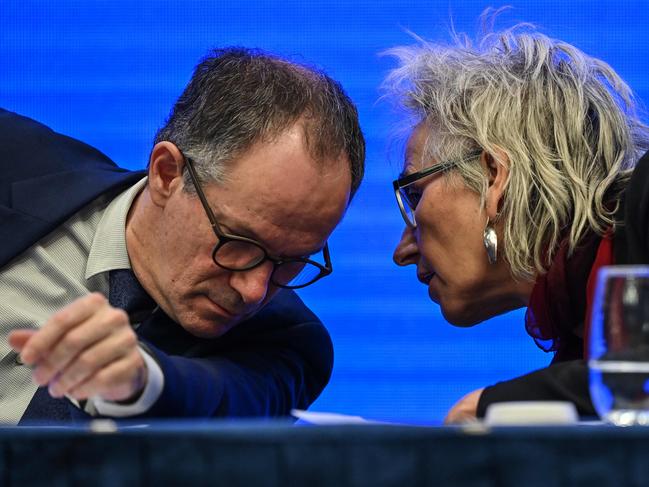 WHO’s Peter Ben Embarek, left, and Marion Koopmans during a press conference to wrap up a visit by an international team of experts to Wuhan. Picture: AFP