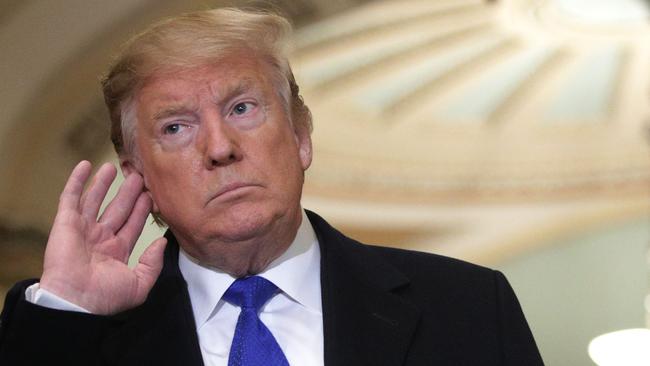 WASHINGTON, DC - MARCH 26: U.S. President Donald Trump speaks to members of the media after he arrived at a Senate Republican weekly policy luncheon at the U.S. Capitol March 26, 2019 in Washington, DC. Congressional top Democrats have demanded Attorney General William Barr to release special counsel Robert Muellers investigation report for the alleged Russian interference in the 2016 presidential election.   Alex Wong/Getty Images/AFP == FOR NEWSPAPERS, INTERNET, TELCOS & TELEVISION USE ONLY ==