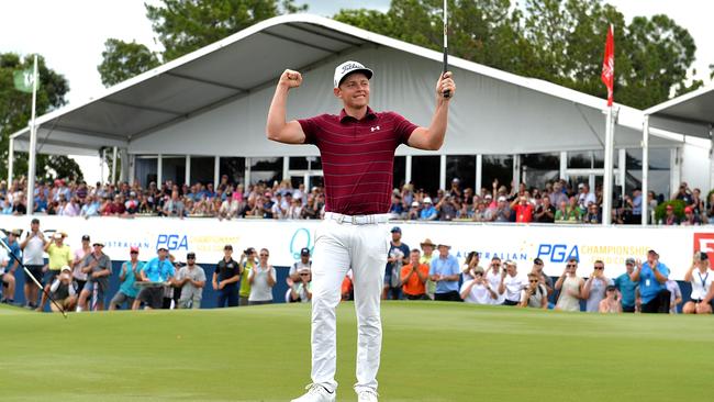 Cameron Smith of Australia celebrates victory during day four of the 2017 Australian PGA Championship at Royal Pines Resort on December 3, 2017 in Gold Coast, Australia. Picture: Bradley Kanaris, Getty Images.