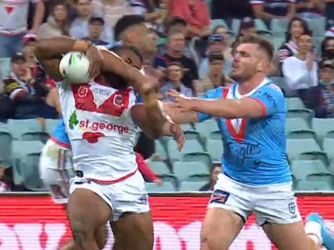 Sydney Roosters' Daniel Tupou was put on report for this high shot on Mikaele Ravalawa.