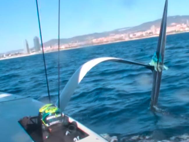 Screengrab of plastic caught on a foil during the Youth America's Cup