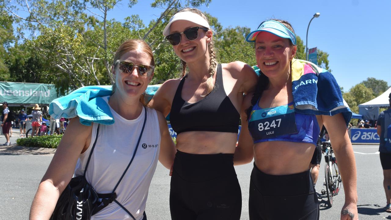 Sarah Thompson, Grace Haydock and Claire Wood (Team Lulu) at the Garmin Noosa Triathlon on October 30, 2022. Picture: Sam Turner