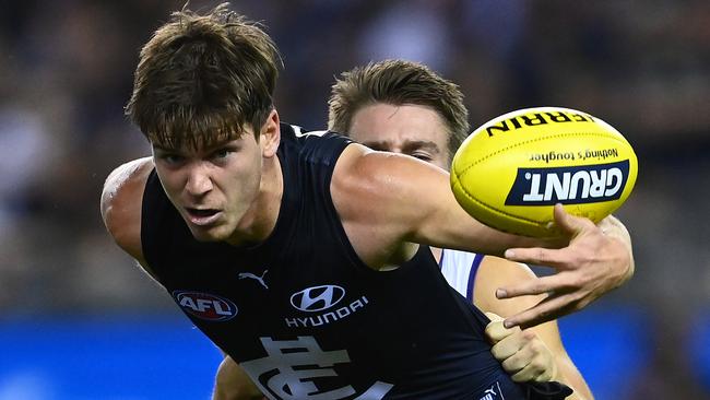 Blues ballwinner Paddy Dow in action against Fremantle. Picture: Quinn Rooney/Getty Images