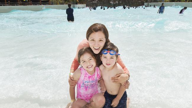 Kylie Troiani with children Sienna and Jack have fun at Whittlesea Funfields in 2019. Picture: Rob Leeson.