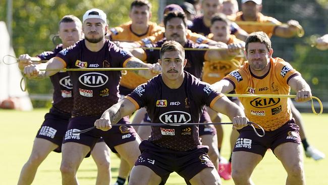 Kotoni Staggs is seen during a Brisbane Broncos training session in Brisbane, Monday, May 18, 2020. (AAP Image/Dave Hunt) NO ARCHIVING