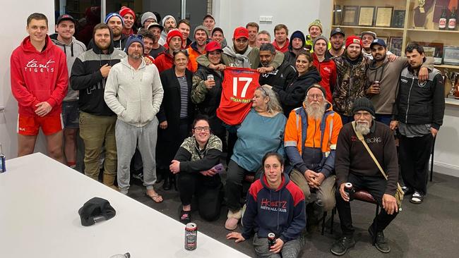 Members of the Tantanoola Football Club pay tribute to Bradley Yates, who died by suicide on the South Eastern Freeway near Murray Bridge. Picture: Supplied