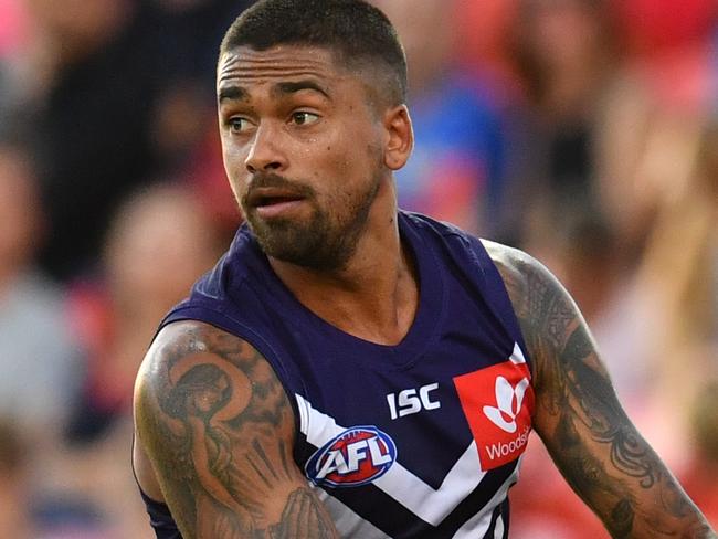 Bradley Hill of the Dockers in action during the AFL Round 2 match between the Gold Coast Suns and the Fremantle Dockers at Metricon Stadium on the Gold Coast, Sunday, March 31, 2019. (AAP Image/Darren England) NO ARCHIVING, EDITORIAL USE ONLY