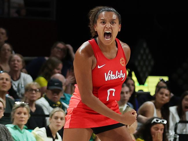 SYDNEY, AUSTRALIA - SEPTEMBER 22: Imogen Allison of the Roses celebrates during game two of the international series between Australia Diamonds and England Roses at Qudos Bank Arena on September 22, 2024 in Sydney, Australia. (Photo by Mark Metcalfe/Getty Images)