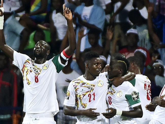Senegal celebrate Sadio Mane’s goal.