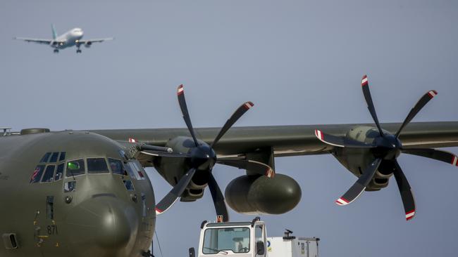 LARNACA, CYPRUS - APRIL 26: A Royal Air Force aircraft carrying British evacuees from Sudan, is pictured at Larnaca International Airport on April 26, 2023 in Larnaca, Cyprus. Military planes carrying British evacuees from Sudan continued arriving at the airport today  with the UK Government promising many more flights over the coming days, if the ceasefire in Sudan holds.   (Photo by Alexis Mitas/Getty Images)