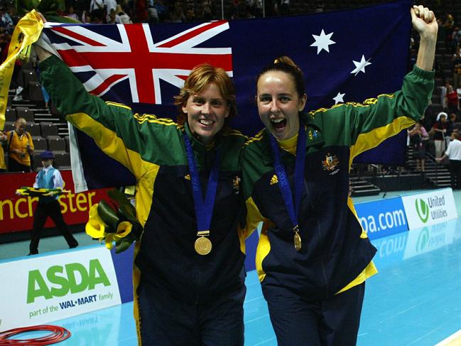 Nicole Richardson and Liz Ellis celebrate winning Commonwealth Games gold during their playing days. Picture: Getty Images