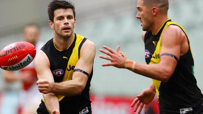 Trent Cotchin had some fun asking his teammates some searching questions. Picture: Michael Klein