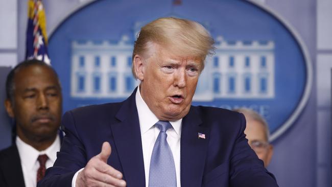 Donald Trump leads a coronavirus task force briefing at the White House on Sunday. Picture: AP