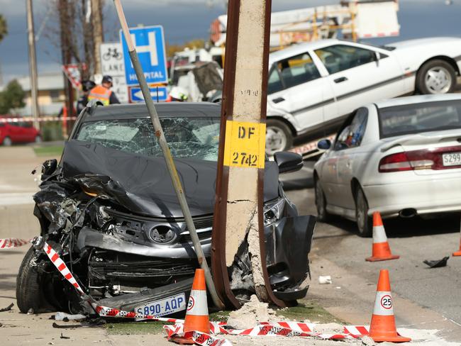 A woman was carjacked in Murray Bridge, after which the alleged thief crashed her car into three other vehicles and a Stobie pole. Picture: Tait Schmaal