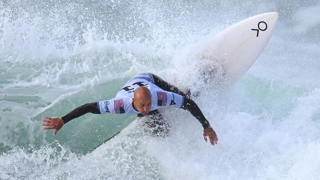 Kelly Slater surfs in the first heat during the 2024 Rip Curl Pro Bells Beach.