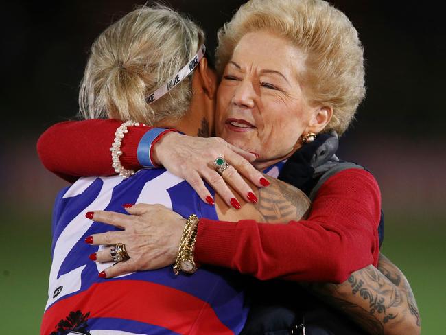 Womens All Star match at Whitten Oval. Western Bulldogs vs Melbourne. Susan Alberti hugs best on ground Moana Hope . Pic: Michael Klein