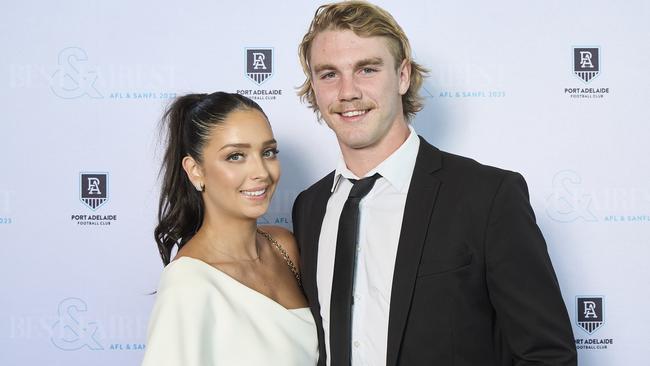 Isabella Cavallaro with Jason Horne-Francis at the Adelaide Convention Centre for the Power’s best-and-fairest night. Picture: Matt Loxton