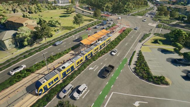 Artist impression of Gold Coast Light Rail Stage 4 between Tugun and Coolangatta, including Gold Coast Airport and the NSW border. Picture: Department of Transport and Main Roads.