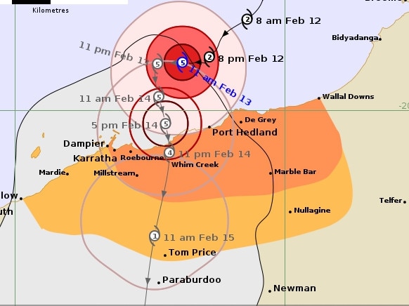 Tropical Cyclone Zelia has been declared a category five system and is expected to make landfall on Friday afternoon, with winds up to 290km/h possible. Picture: BOM