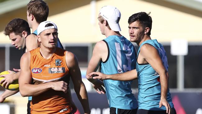 Port Adelaide’s Sam Powell-Pepper and Riley Bonner yesterday. Picture Sarah Reed