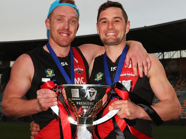 Captain Brad Cox-Goodyer and playing coach Taylor Whitford with the TSL cup. Picture: NIKKI DAVIS-JONES